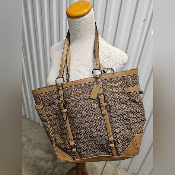 Authentic COACH SIG C JACQUARD & LEATHER HANDBAG TOTE BAG - Picture 12 of 13